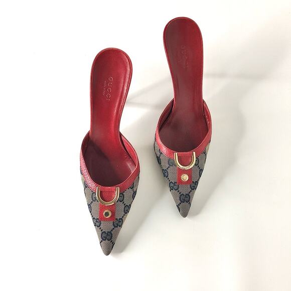 Vintage Gucci D Ring Monogrammed Red Pointed Toe Mules Pumps 37 - Picture 2 of 11
